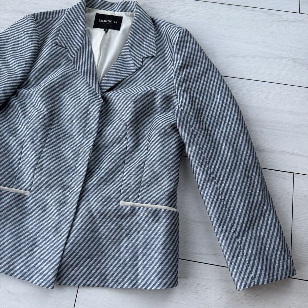 Lafayette 148 Women’s 8 Jasmine Stripe Blazer 93% Linen Blend Glaze Blue $598 - Picture 5 of 15